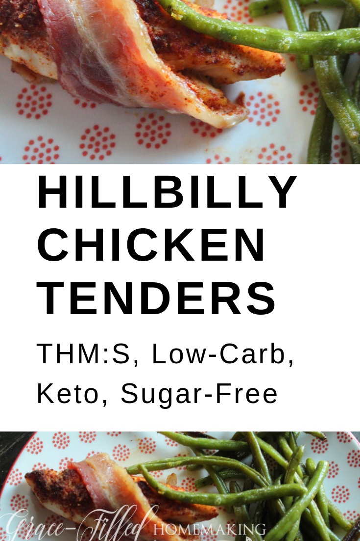 Hillbilly Chicken Tenders are a great mix of sweet, spicy and savory! A brown-sugar inspired spice rub tops crispy bacon for a decadent low-carb,keto, THM:S dish.