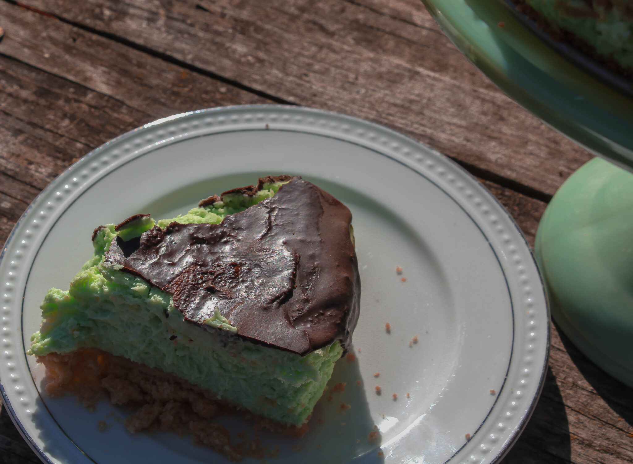 My Shamrock Cheesecake is the perfect way to celebrate St. Patrick's Day! A minty cheesecake with a delectable chocolate topping. What could be better?