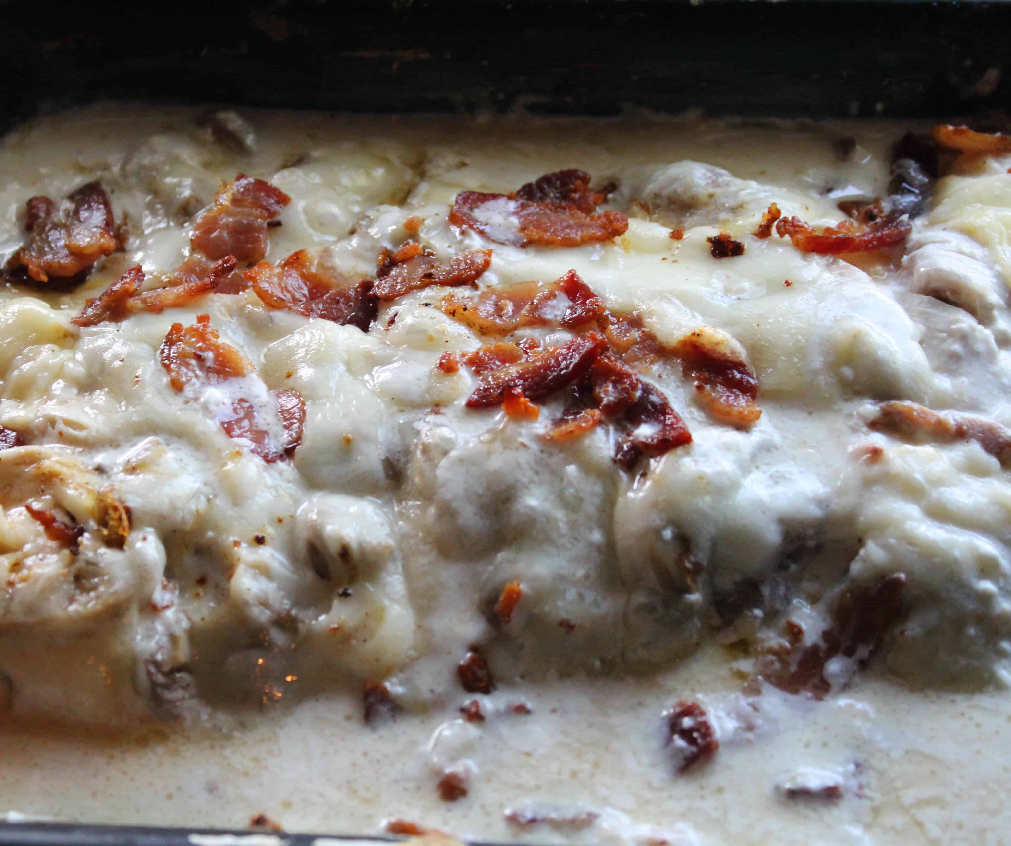 My Creamy Bacon Swiss Chicken Bake is the perfect family-friendly casserole! It features juicy chicken smothered in a creamy sauce. It's THM:S and low-carb.