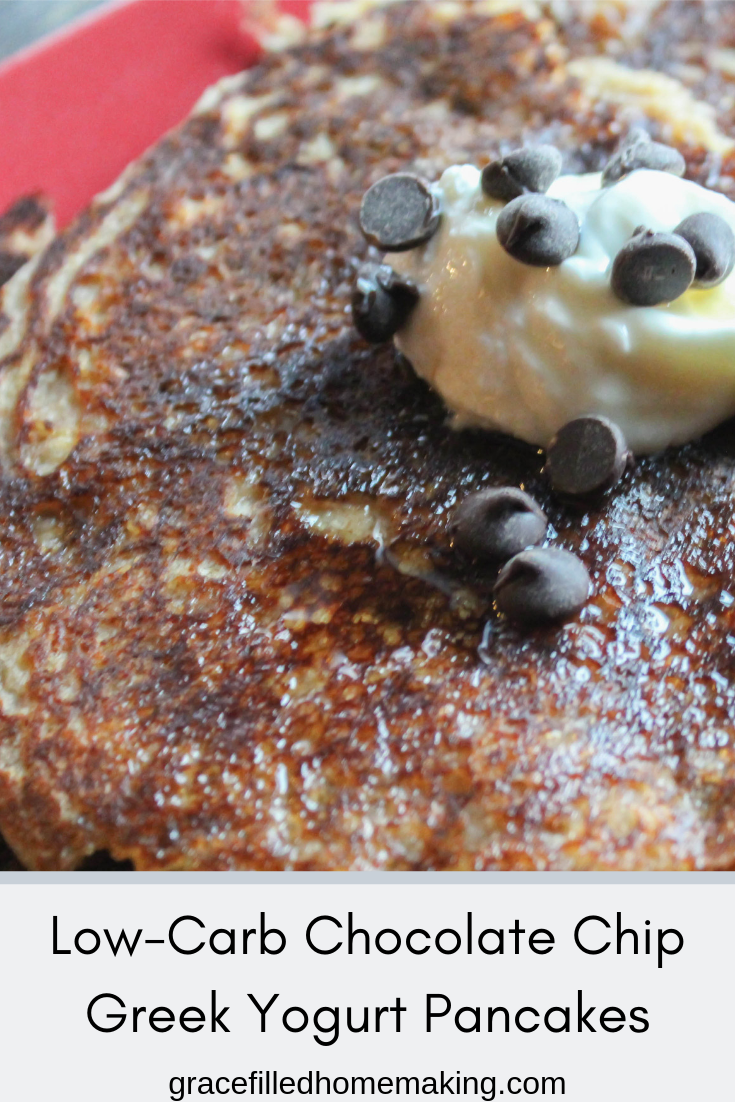 Low-carb, sugar-free chocolate chip greek yogurt pancakes!