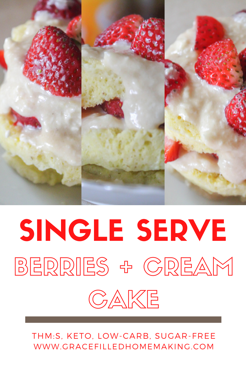 My single serve berries and cream cake is a great summer dessert for one! A spongy cake topped by a cream cheese icing and fresh berries. Yum!