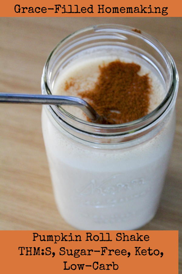  My Pumpkin Roll Shake is creamy, perfectly spiced and tastes like cake in a cup. This recipe is a THM:S, sugar-free, and keto friendly.